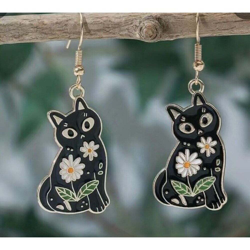 Cat Earrings, Cute Black Enamel‎ Gold Tone Kitty Floral Dangles Daisy NWT